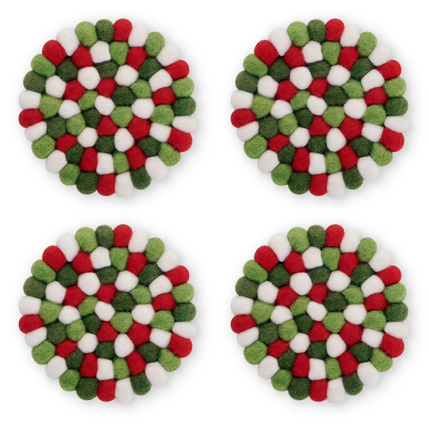 Felt Ball Four Piece Round 4&quot; Diameter Coaster Set Red/White/Green