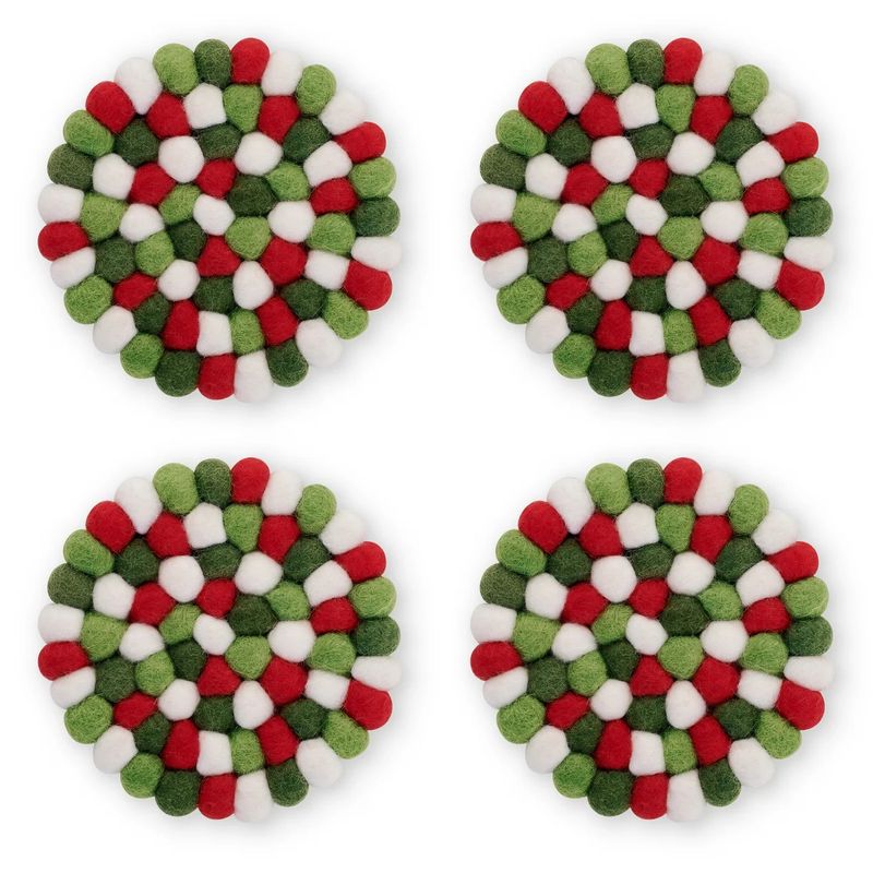 Felt Ball Four Piece Round 4&quot; Diameter Coaster Set Red/White/Green