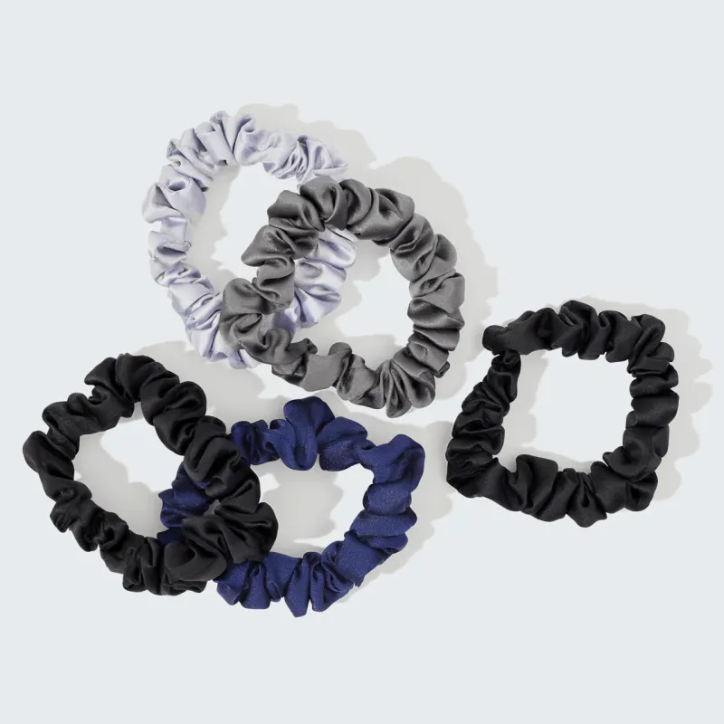 Ruched Satin Scrunchies 5pc Set Midnight