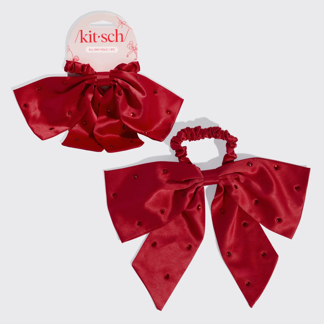 Holiday Satin &amp; Rhinestone Bow Scrunchie