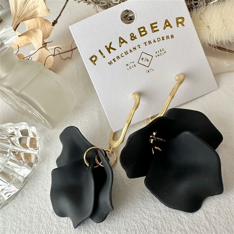 "Aurelia" Midnight Black Rose Petal Drop Earrings in Gold