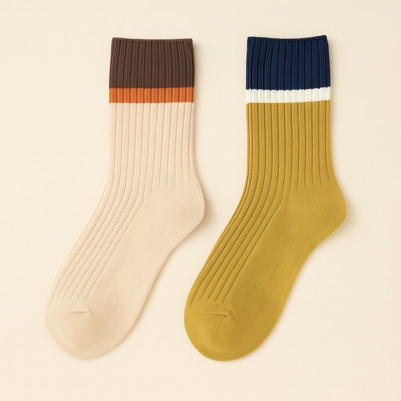 "Barnet" Ribbed Crew Socks Stripe Cream/Golden Rod  (2 pack)