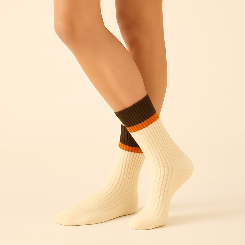 "Barnet" Ribbed Crew Socks Stripe Cream/Golden Rod  (2 pack)