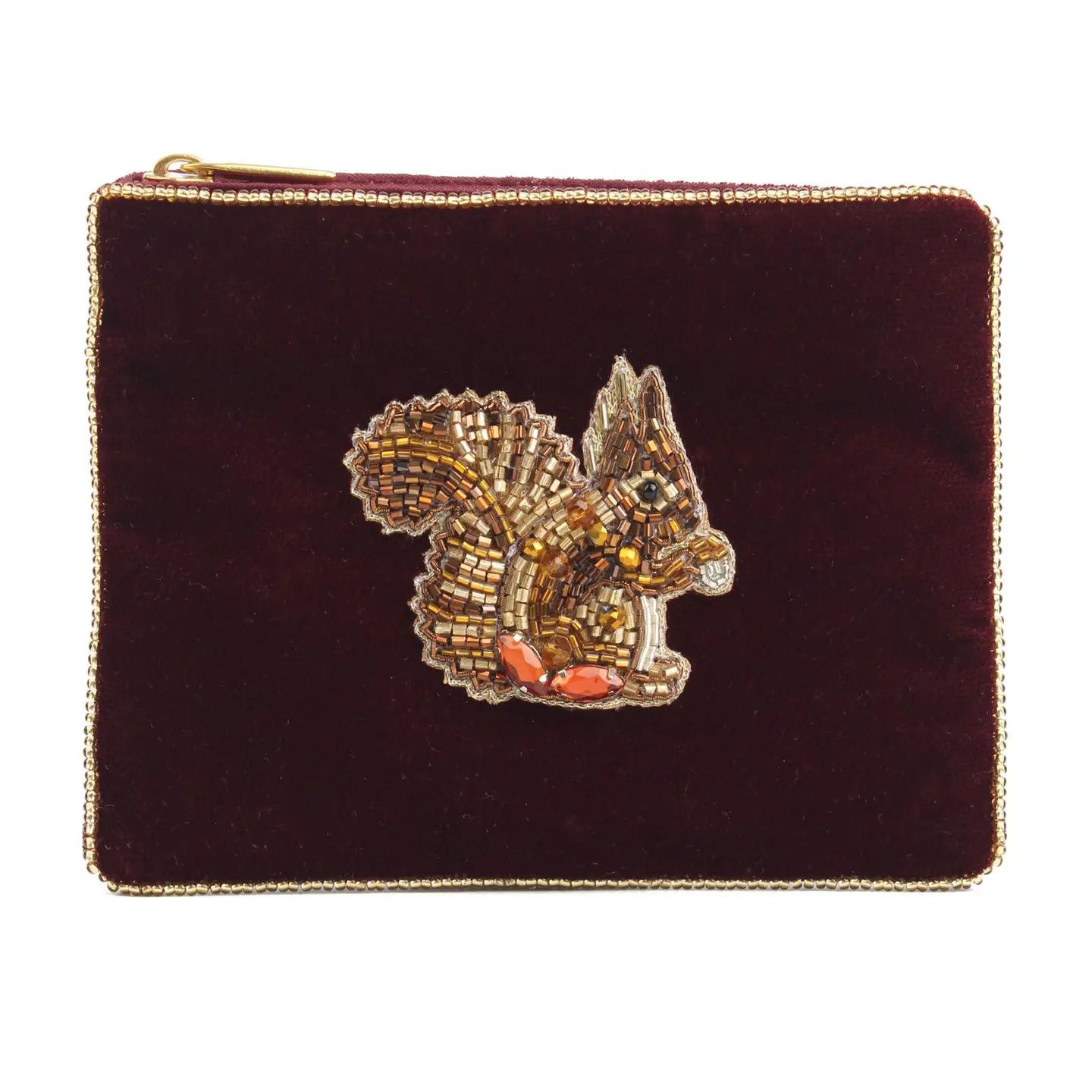 Small Beaded Velvet Pouch Burgundy Squirrel