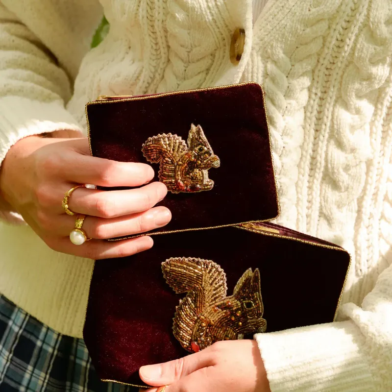 Small Beaded Velvet Pouch Burgundy Squirrel