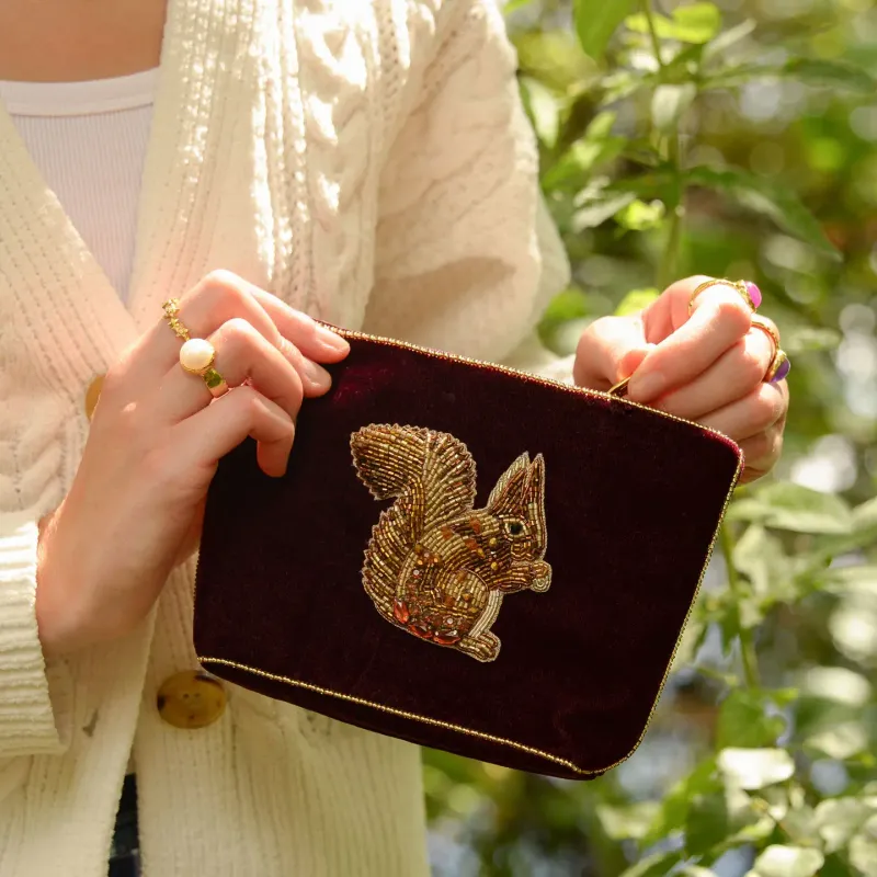 Medium Beaded Velvet Pouch Burgundy Squirrel