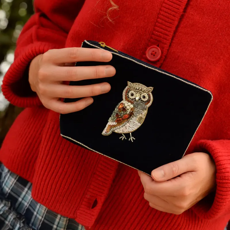 Medium Beaded Velvet Pouch Navy Blue Owl