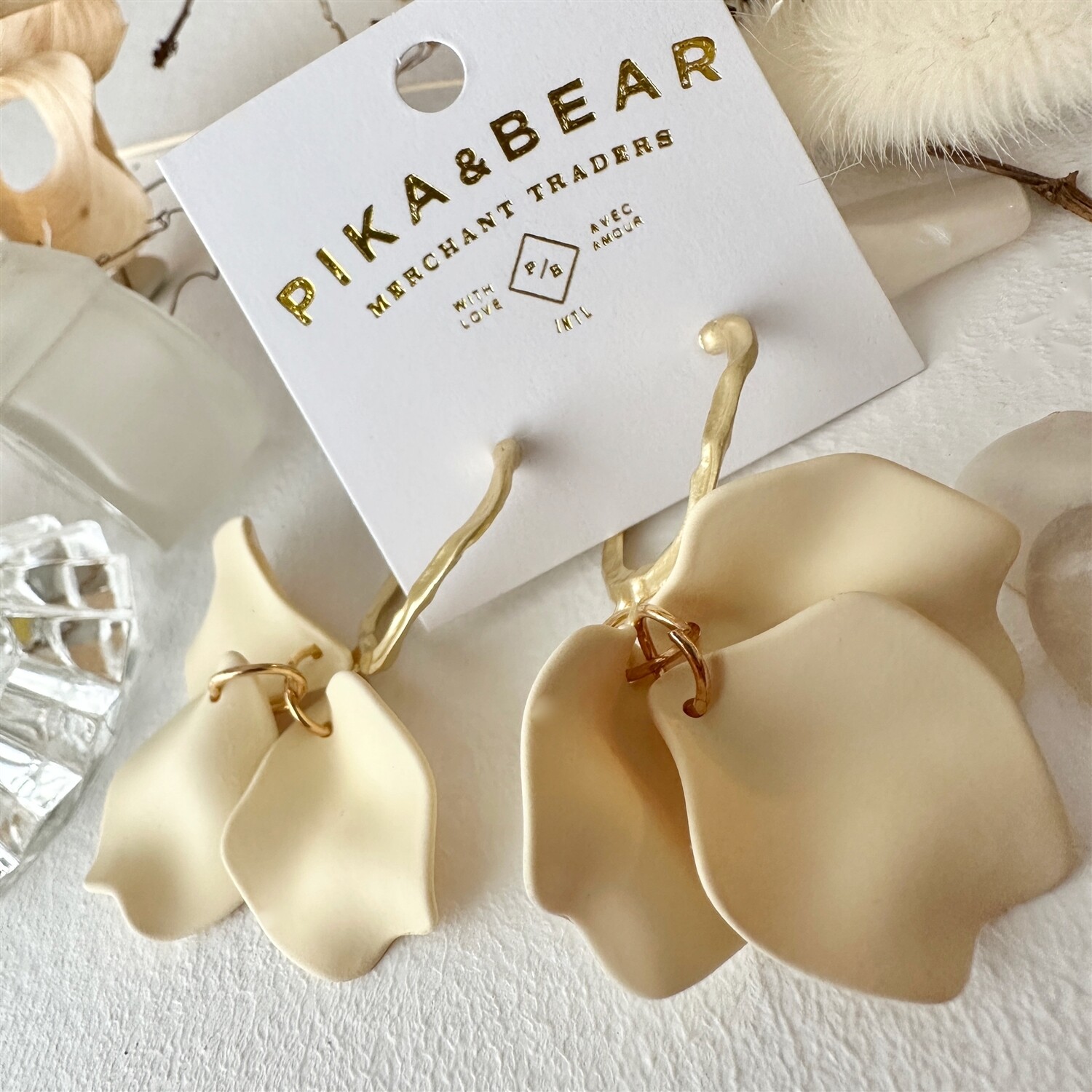 "Aurelia" Cream Rose Petal Drop Earrings in Gold