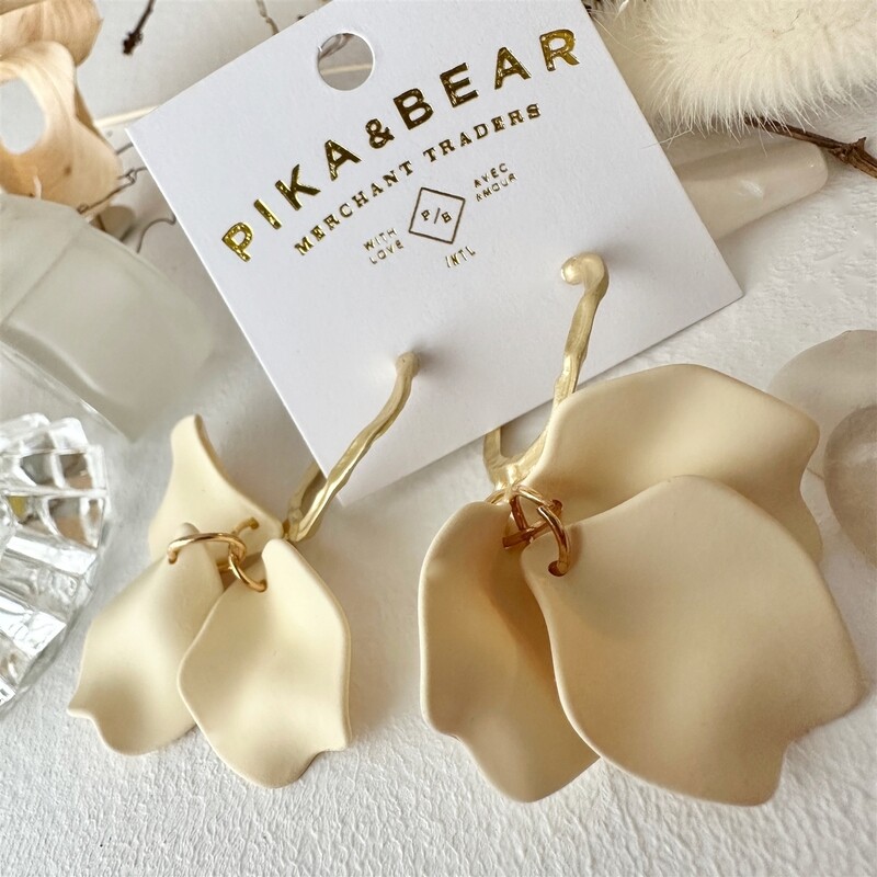 "Aurelia" Cream Rose Petal Drop Earrings in Gold