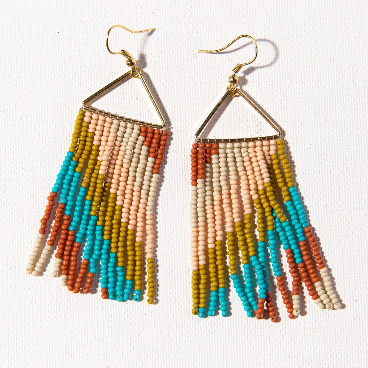 Whitney Diagonal Stripe Beaded Fringe Earrings Rust Turquoise Pink