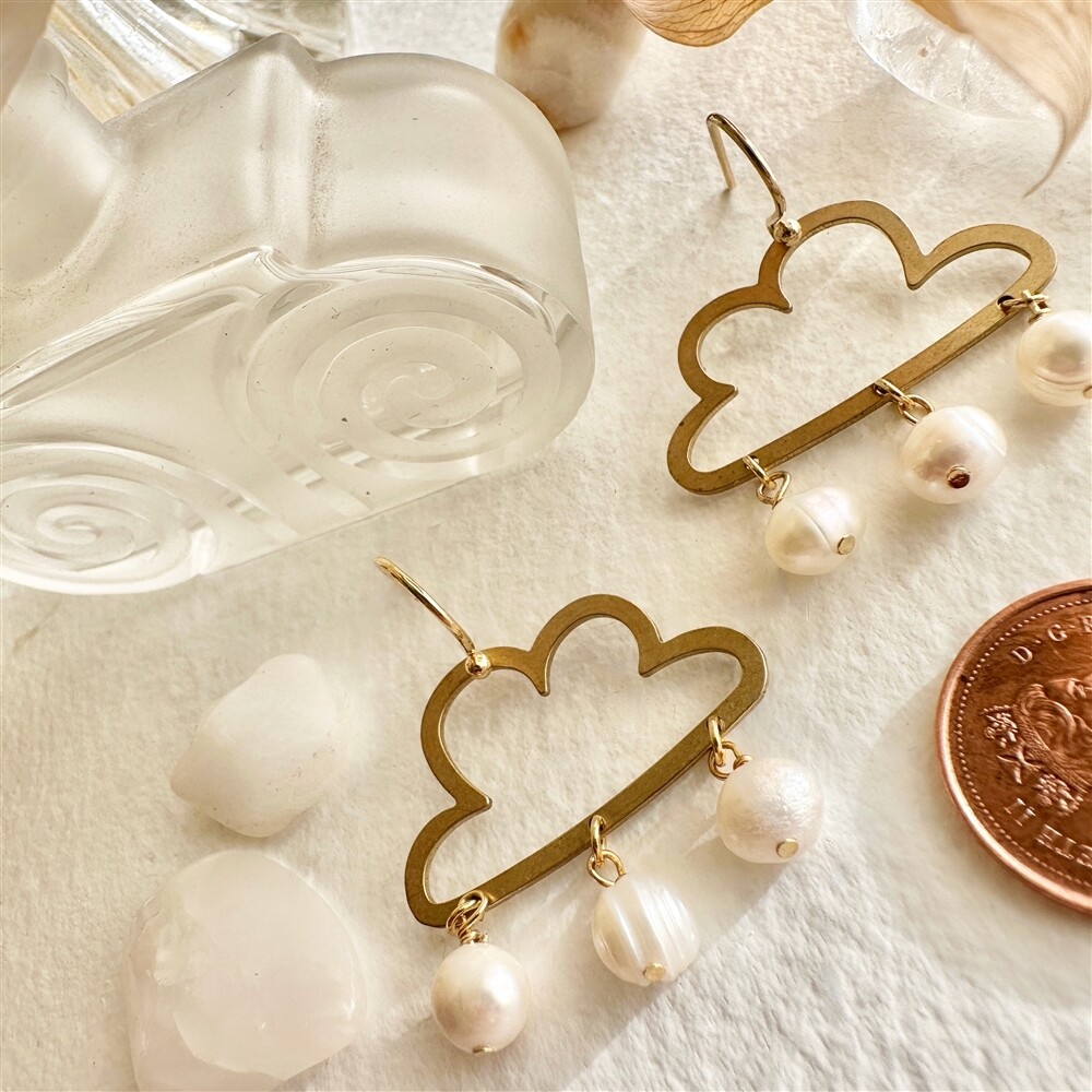"Cumulus" Raw Brass Cloud Drop  with Freshwater Pearls