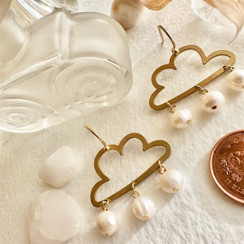 "Cumulus" Raw Brass Cloud Drop  with Freshwater Pearls