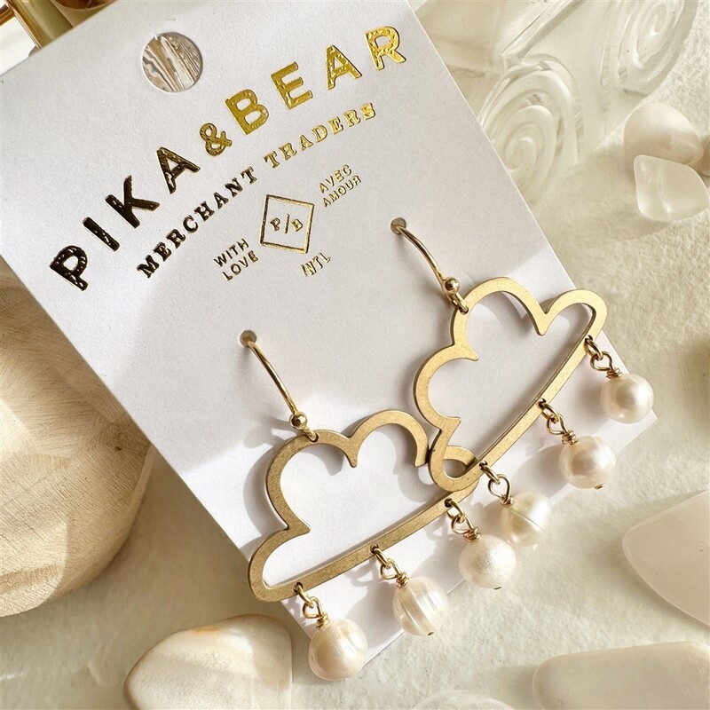 "Cumulus" Raw Brass Cloud Drop  with Freshwater Pearls