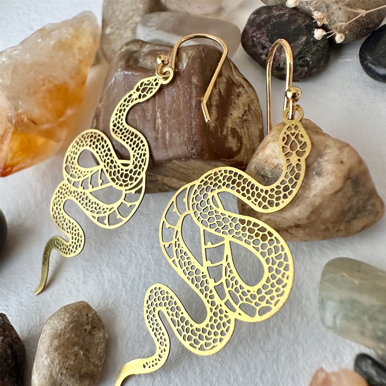 "Luc" Raw Brass Snake Drop Earrings