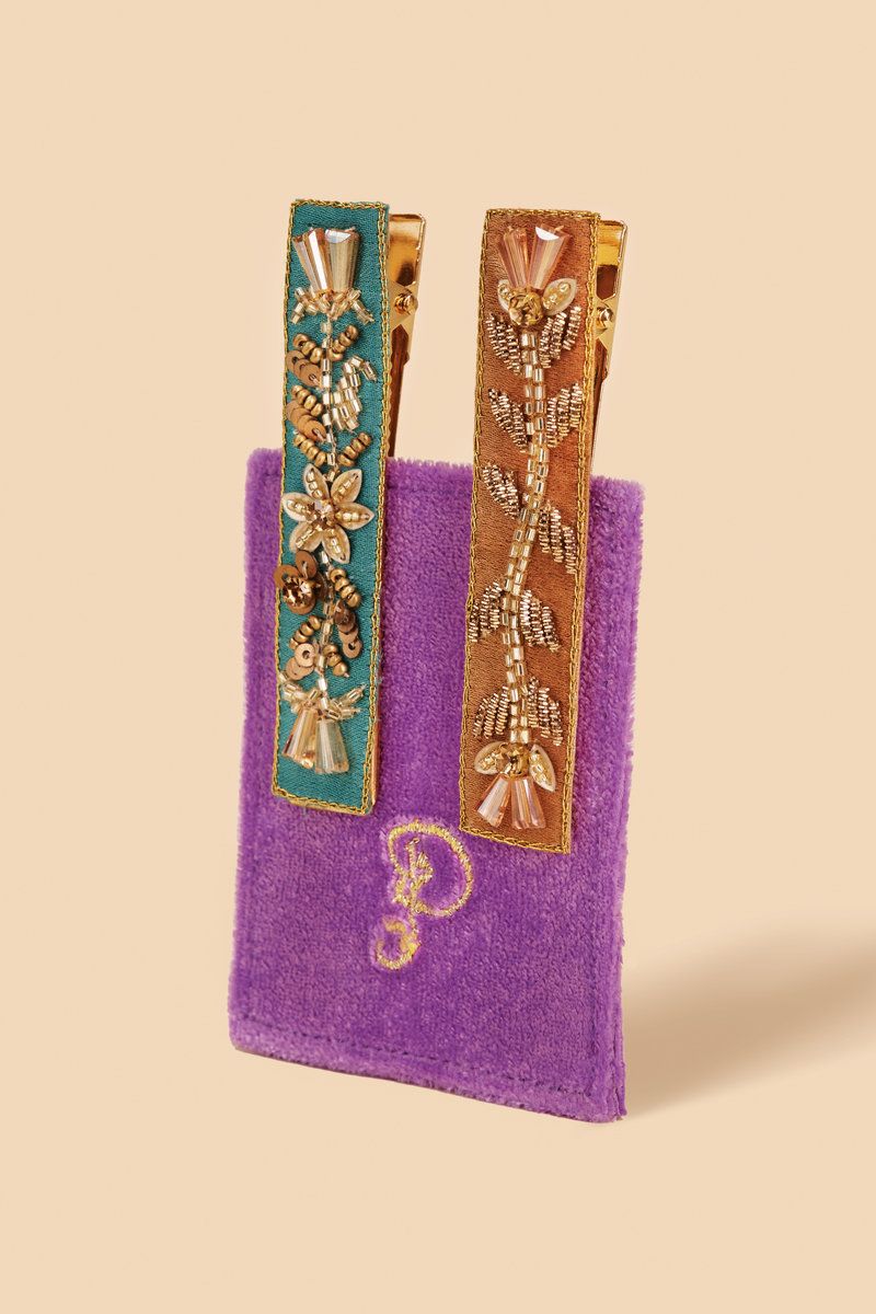 Jewelled Hair Bar Clips Set of 2 Floral Vines, Turquoise &amp; Mustard