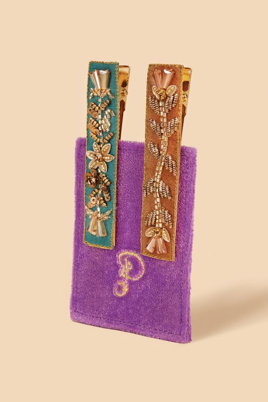 Jewelled Hair Bar Clips Set of 2 Floral Vines, Turquoise &amp; Mustard