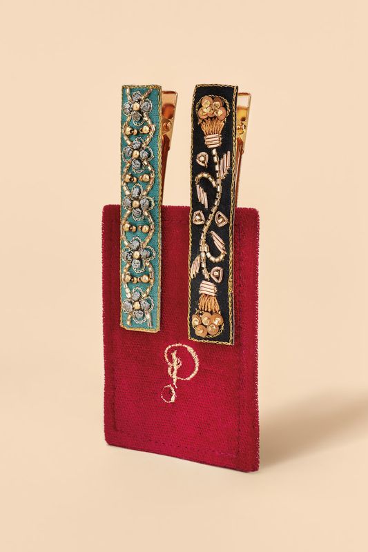 Jewelled Hair Bar Clips Set of 2 Ribbon and Vine, Turquoise &amp; Charcoal