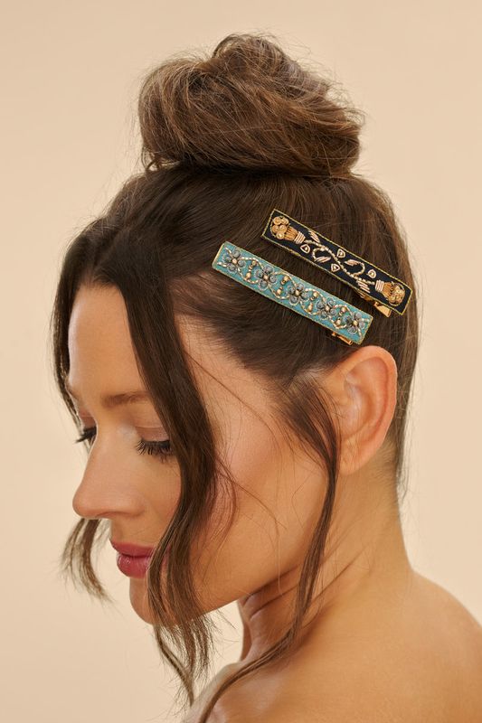 Jewelled Hair Bar Clips Set of 2 Ribbon and Vine, Turquoise &amp; Charcoal