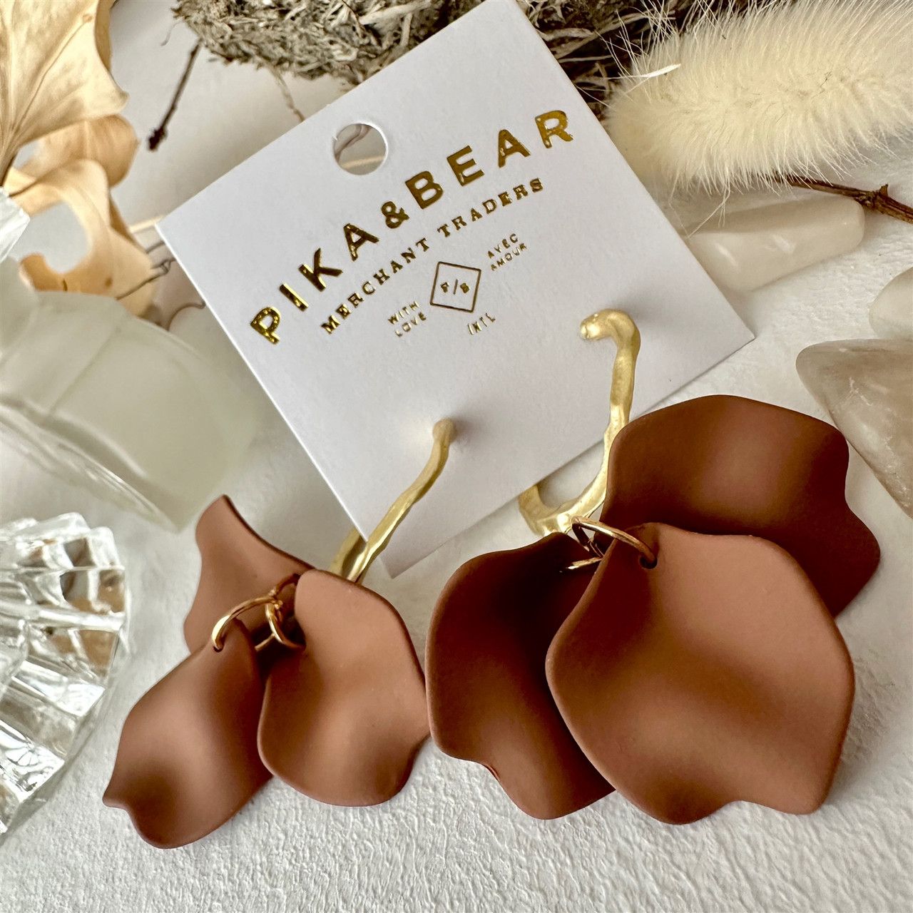 "Aurelia" Cocoa Rose Petal Drop Earrings in gold