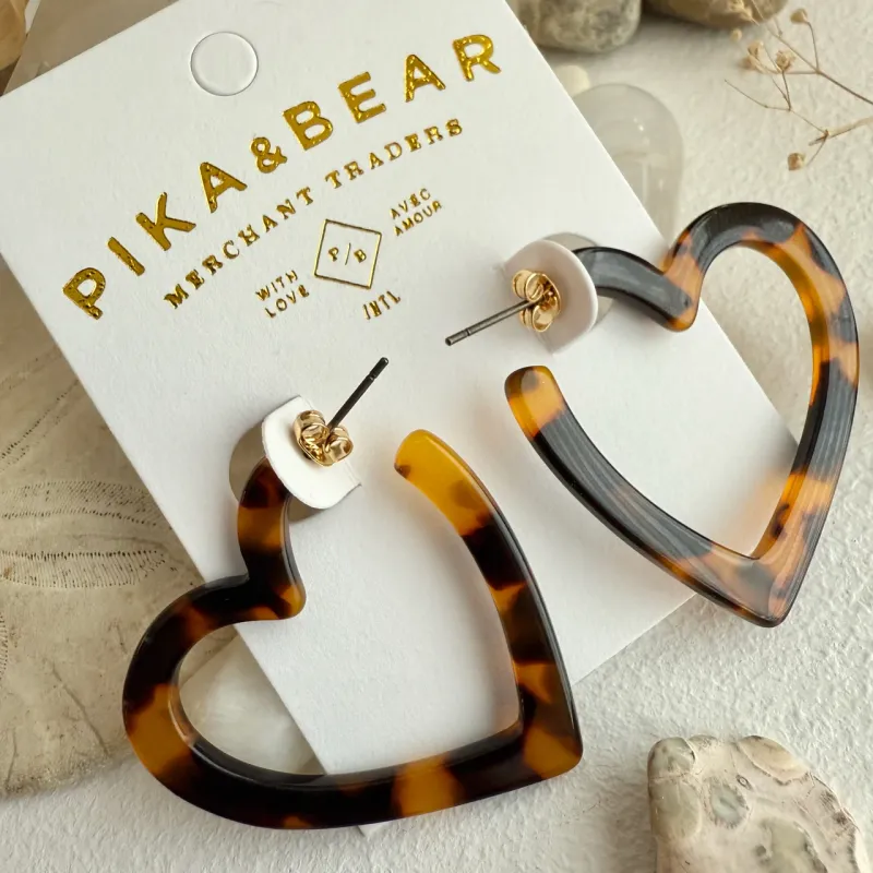 "Wilson" Acetate Heart Hoop Earrings in Tortoise
