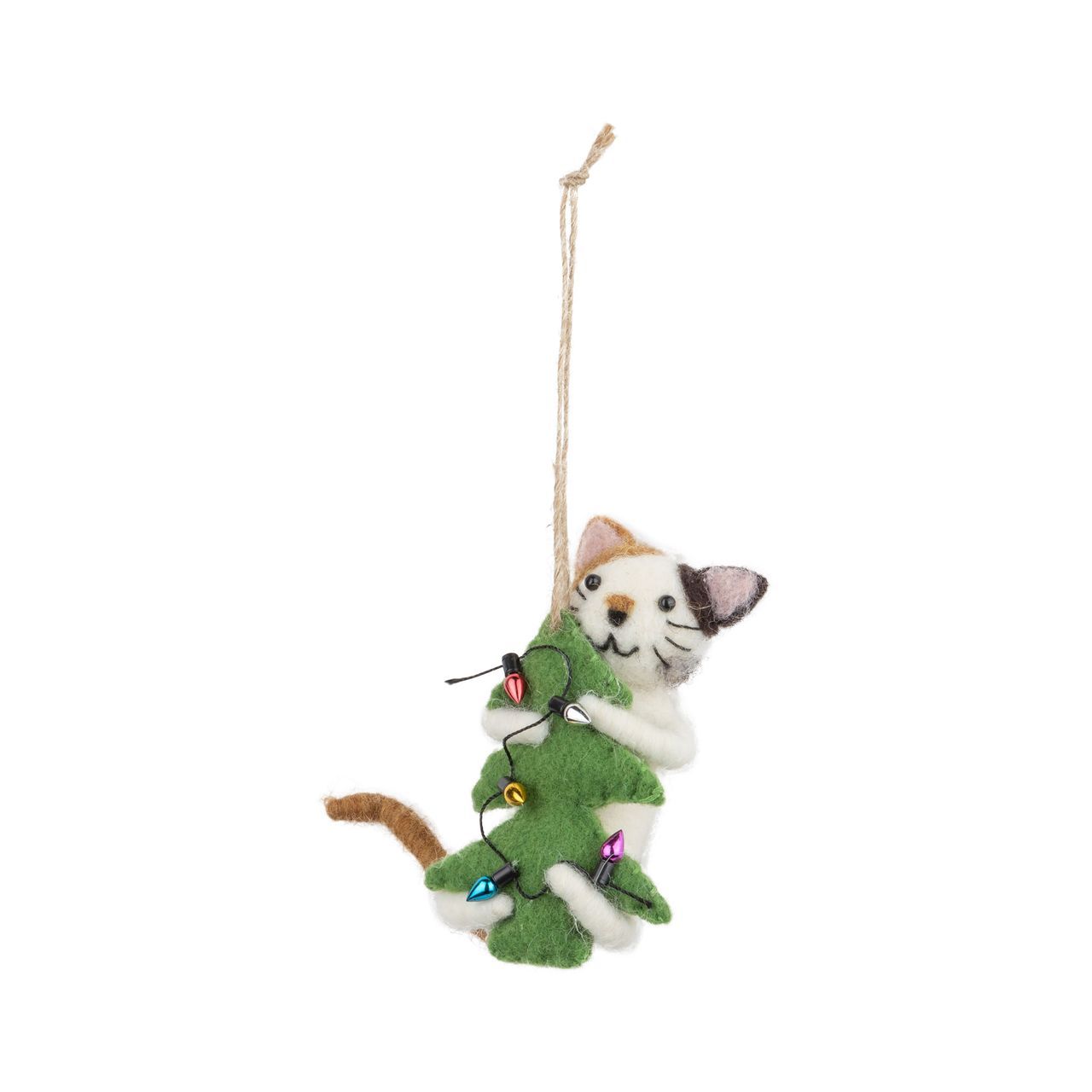 Felt Ornament Cat Hugging Christmas Tree with Lights