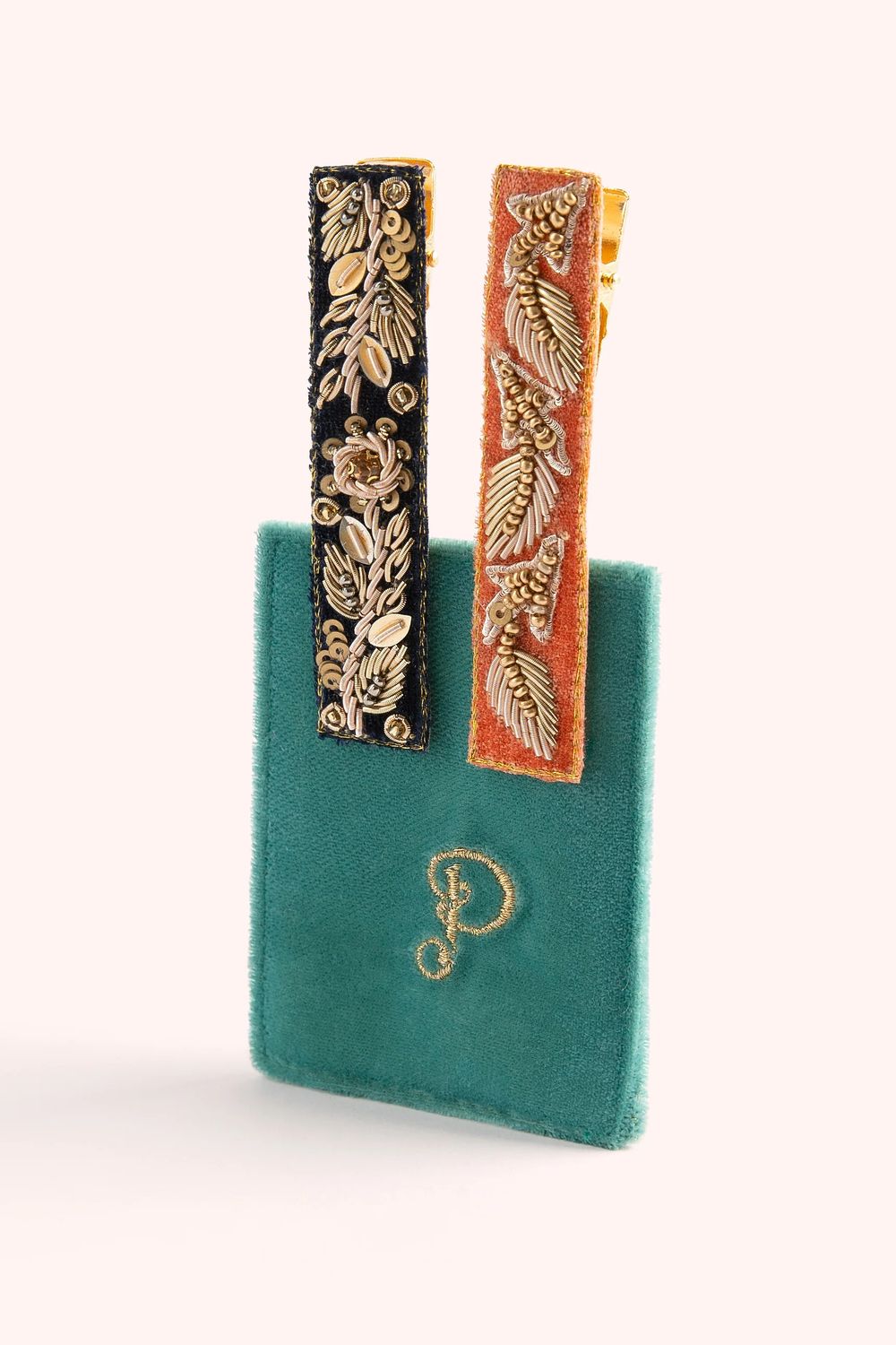 Jewelled Hair Bar Clips Set of 2 Navy &amp; Tangerine Leaves