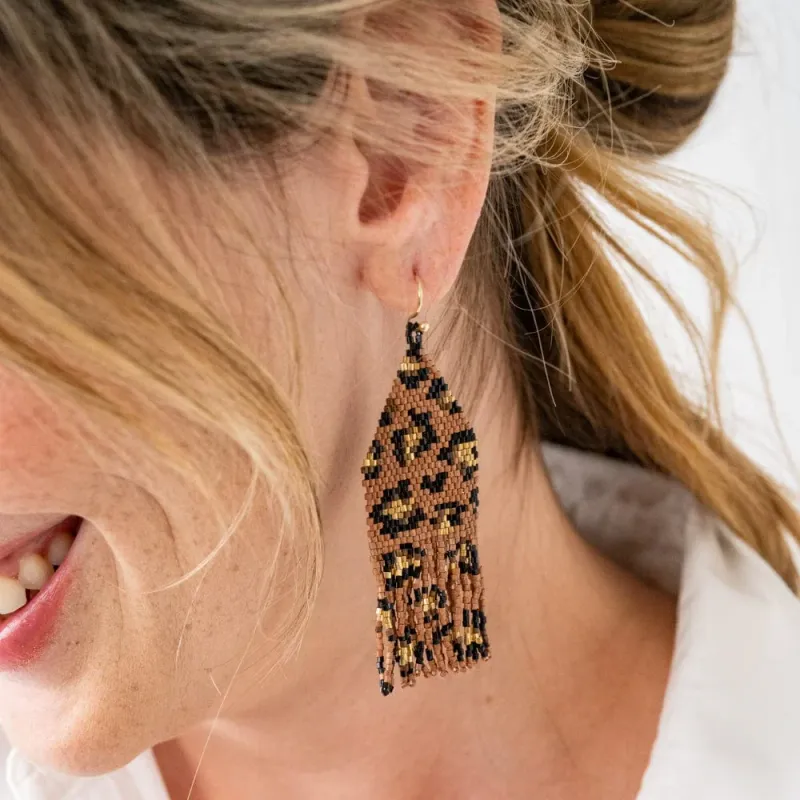 Delilah Cheetah Fringe Earrings Mocha