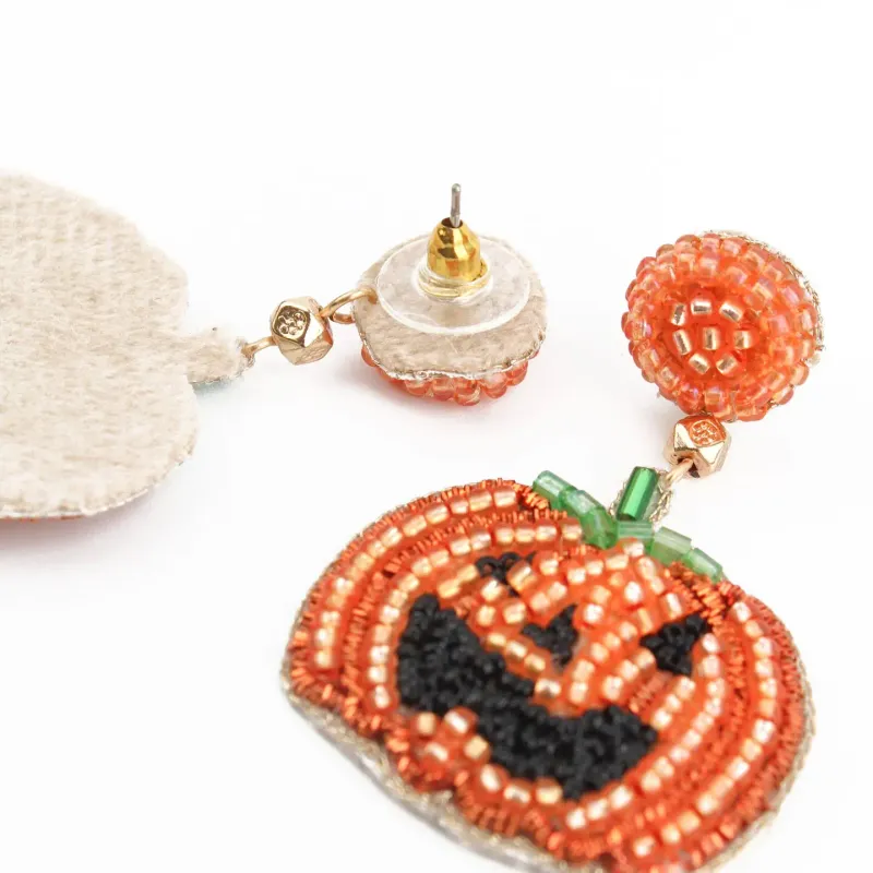 Beaded Happy Face Pumpkin Earrings