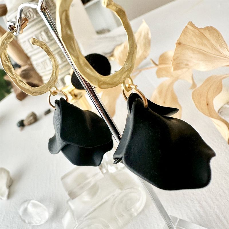 "Aurelia" Midnight Black Rose Petal Drop Earrings in Gold
