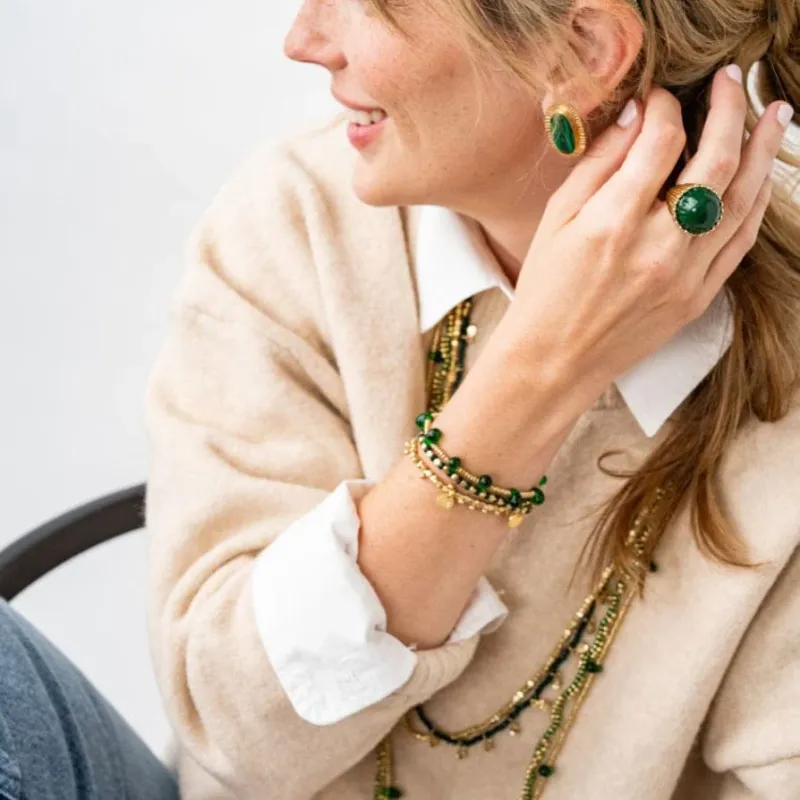 Hope Brass Stretch Bracelet With Glass Beads Green