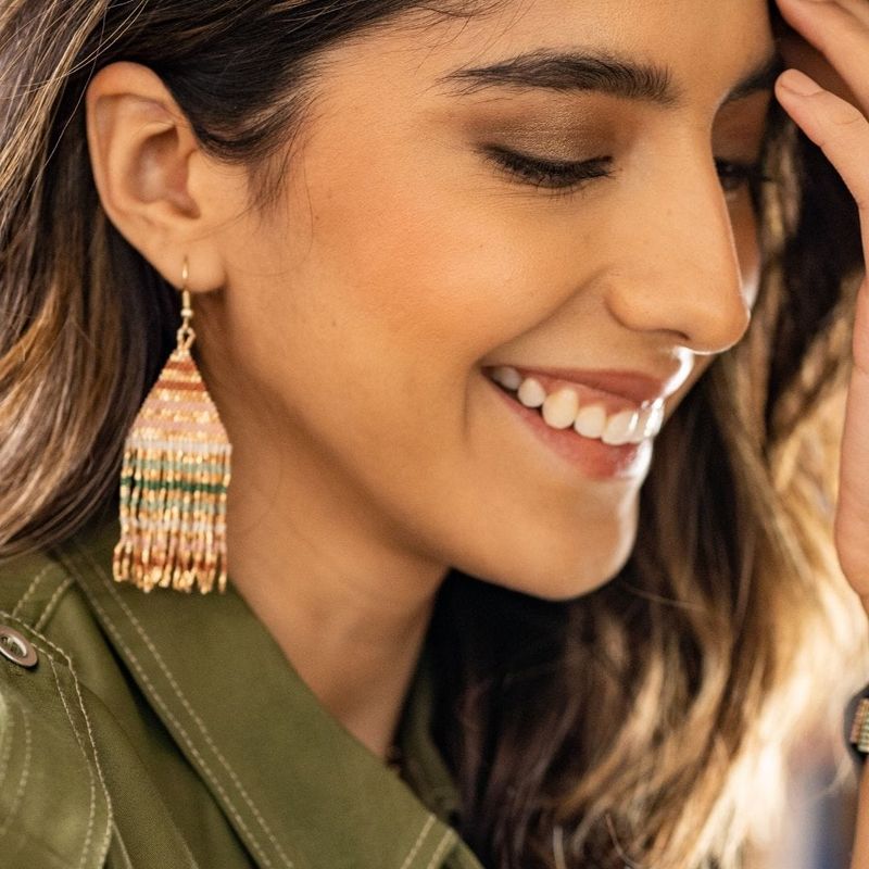 Lexie Horizontal Gold Lines Beaded Fringe Earrings Desert