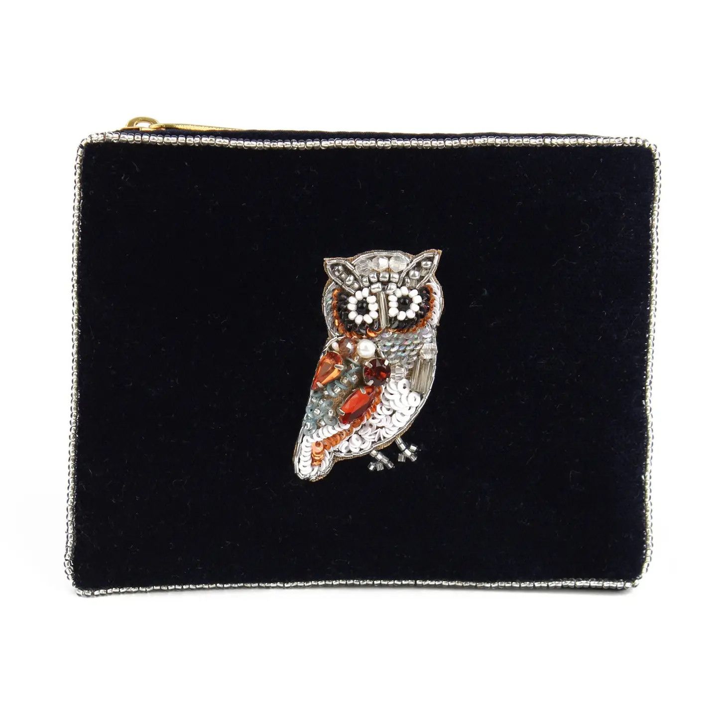 Small Beaded Velvet Pouch Navy Blue Owl