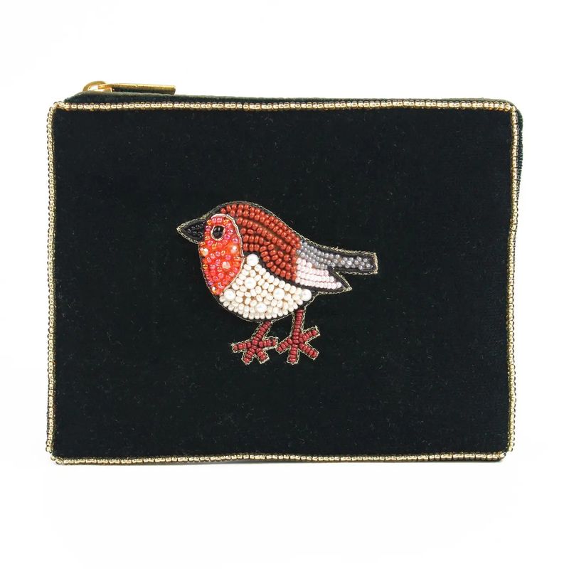 Small Beaded Velvet Pouch Dark Green Robin