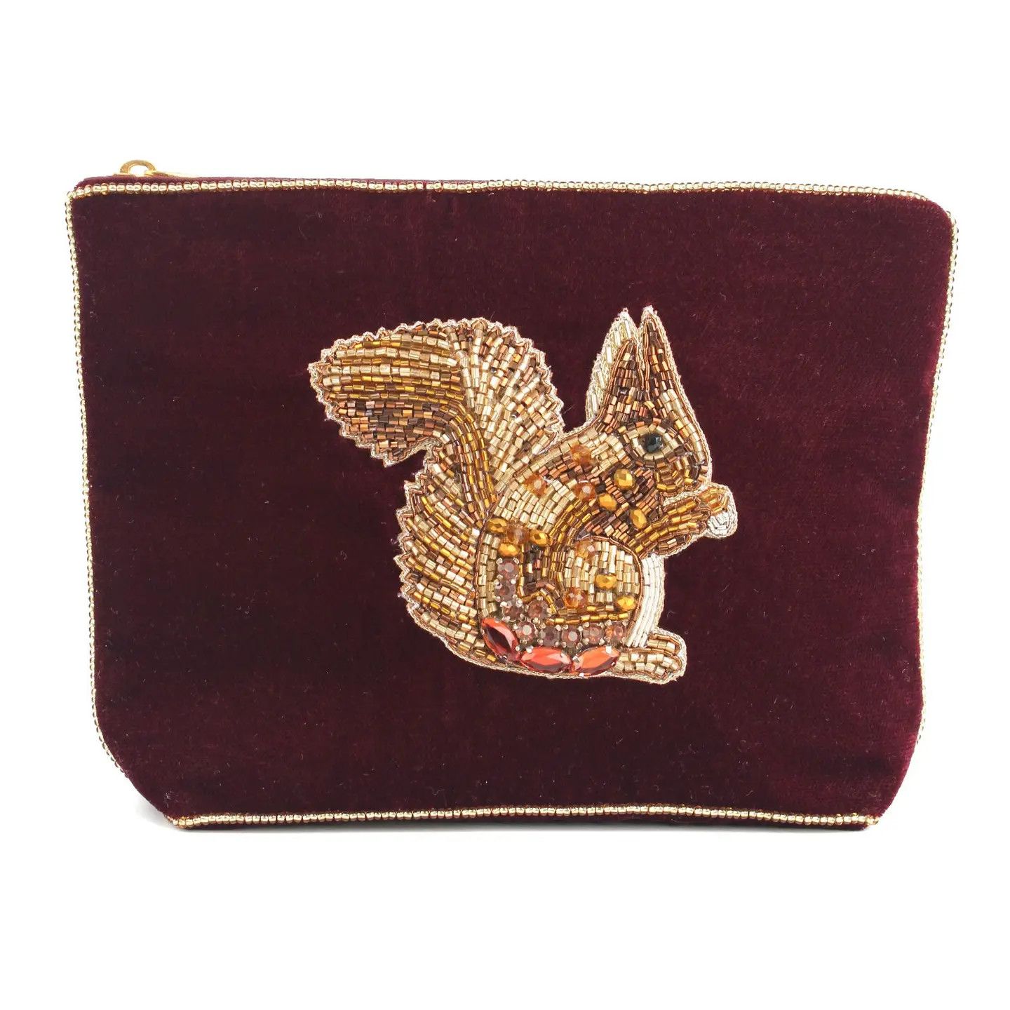 Medium Beaded Velvet Pouch Burgundy Squirrel