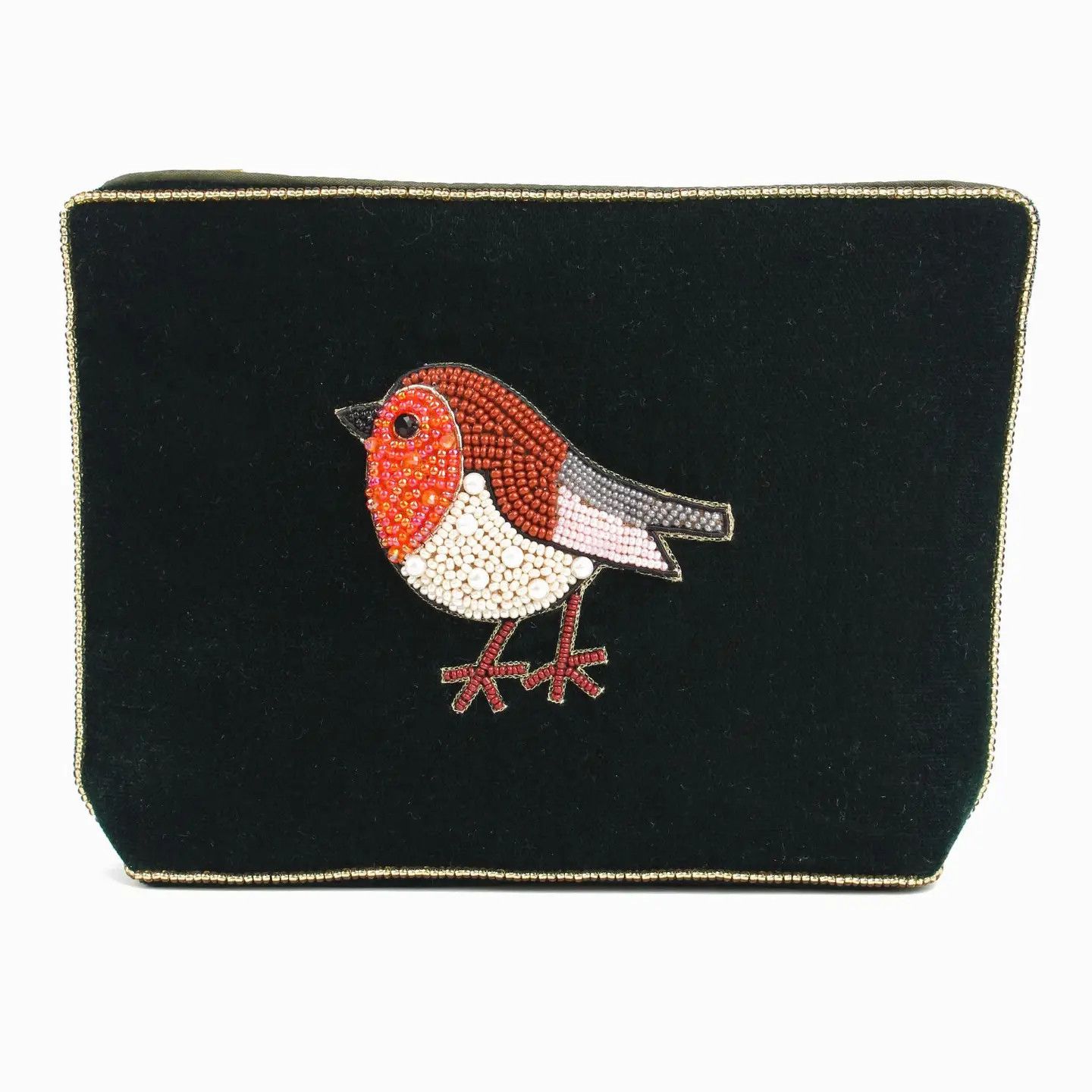 Medium Beaded Velvet Pouch Dark Green Robin