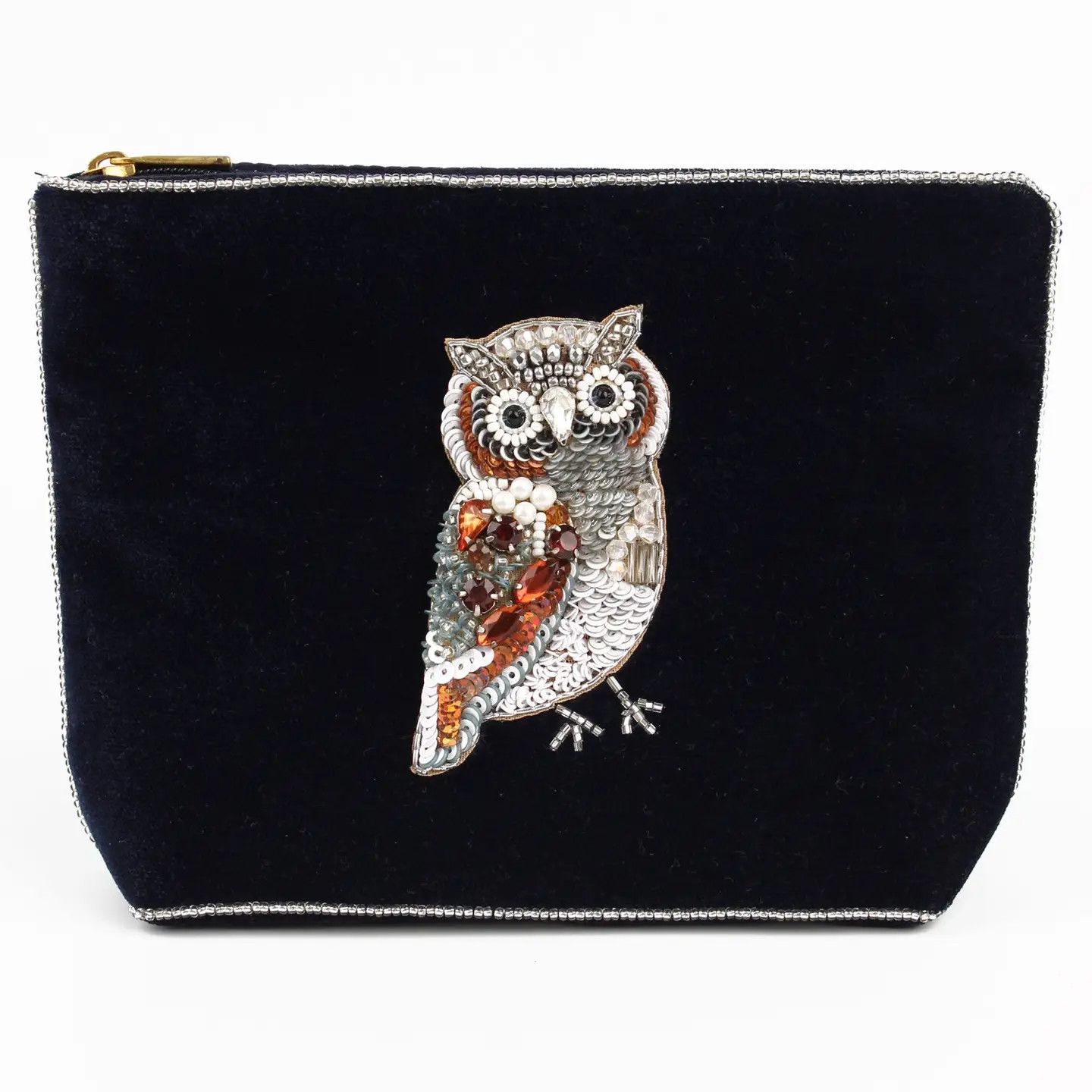 Medium Beaded Velvet Pouch Navy Blue Owl