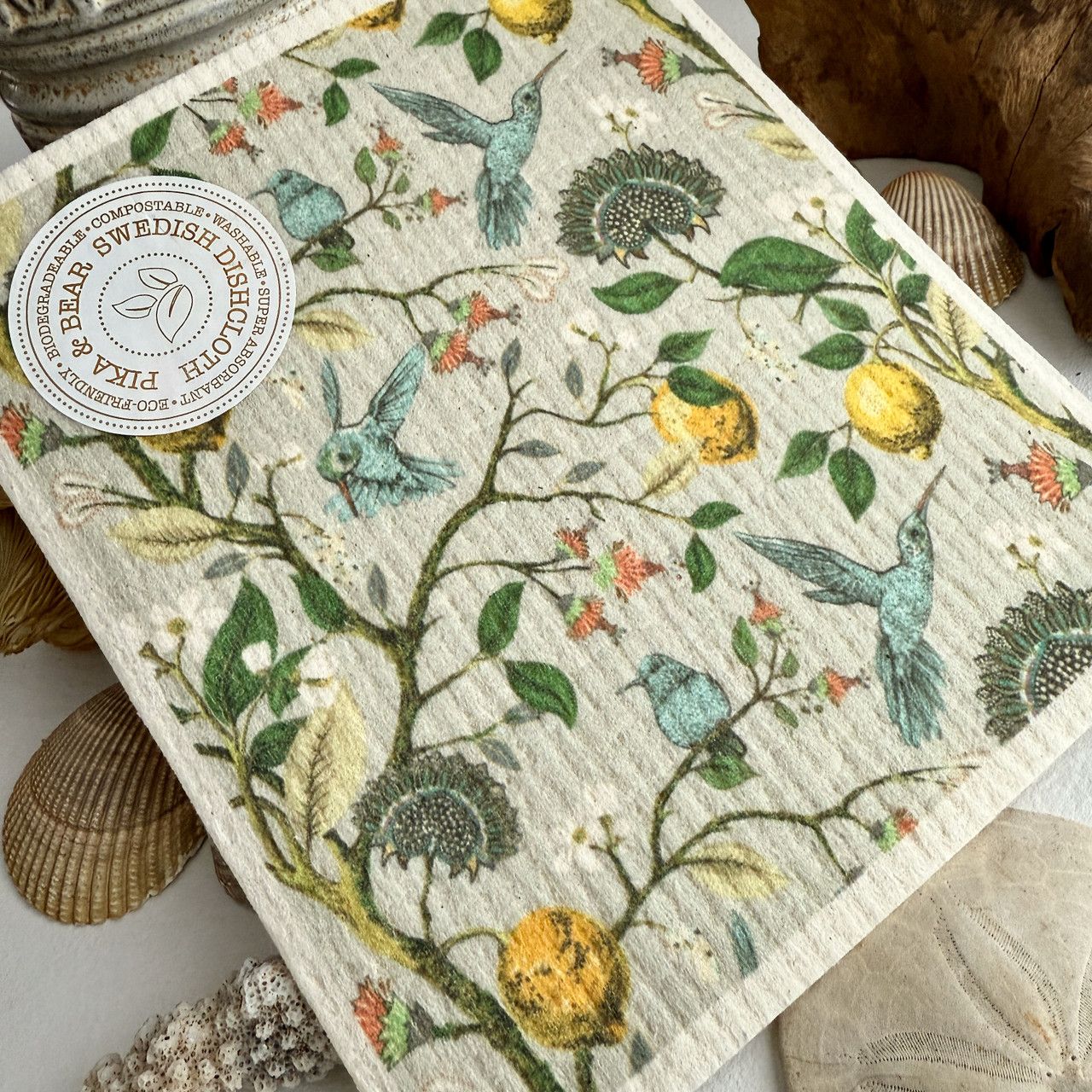 Swedish Dishcloth "Jacobean" Hummingbird &amp; Flower Design