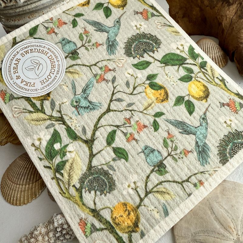 Swedish Dishcloth "Jacobean" Hummingbird &amp; Flower Design