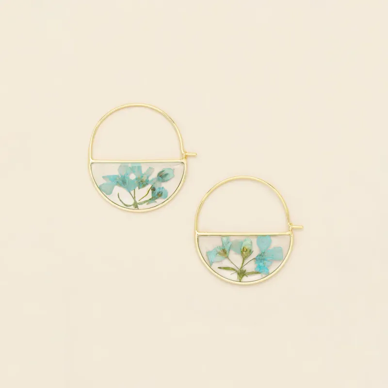 Pressed Flower Hoop Earring Blue Baby's Breath