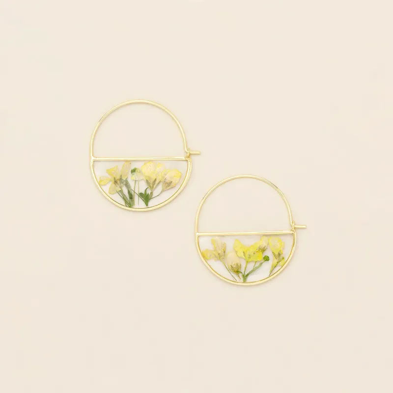 Pressed Flower Hoop Earring Yellow Baby's Breath