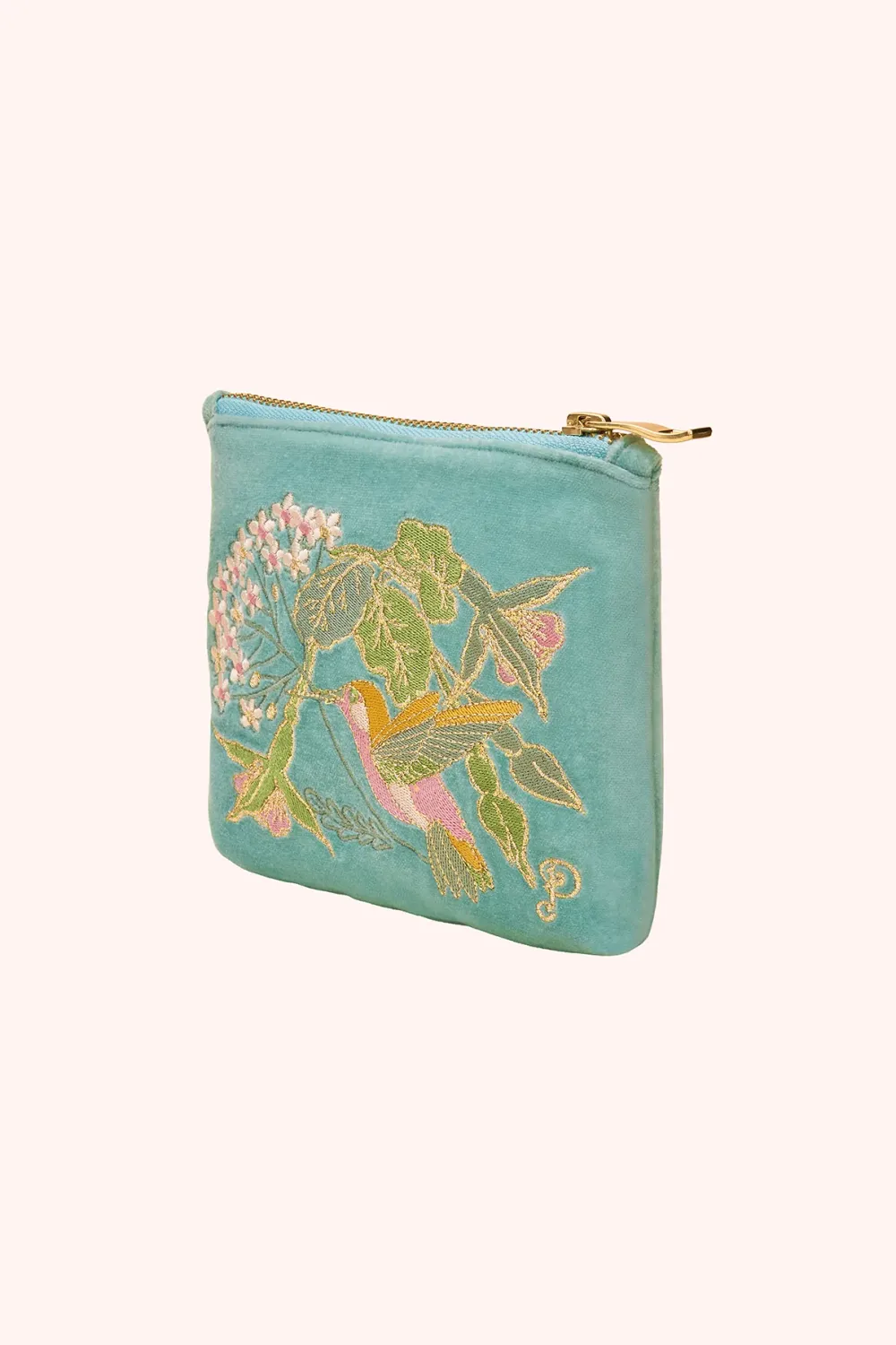 Velvet Mini Zip Pouch Hummingbird Aqua