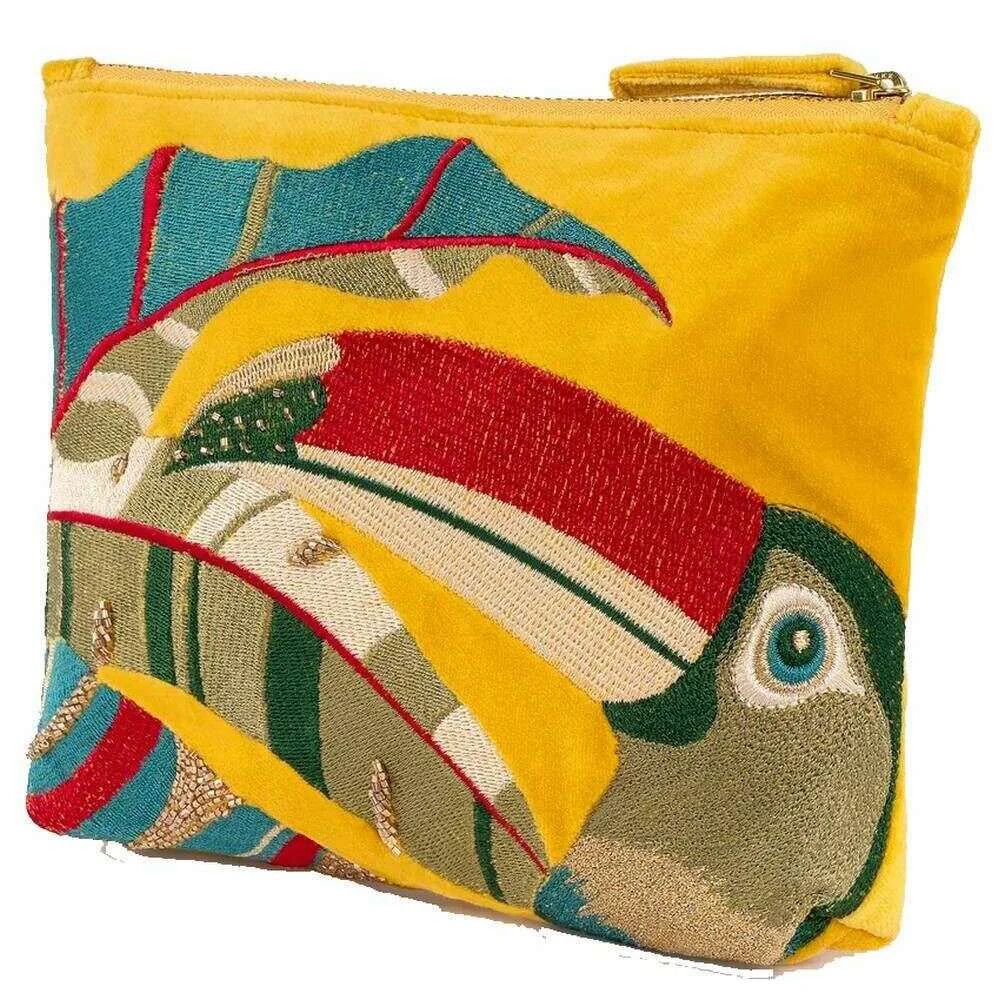 Medium Velvet Embroidered Zip Pouch Tropical Toucan