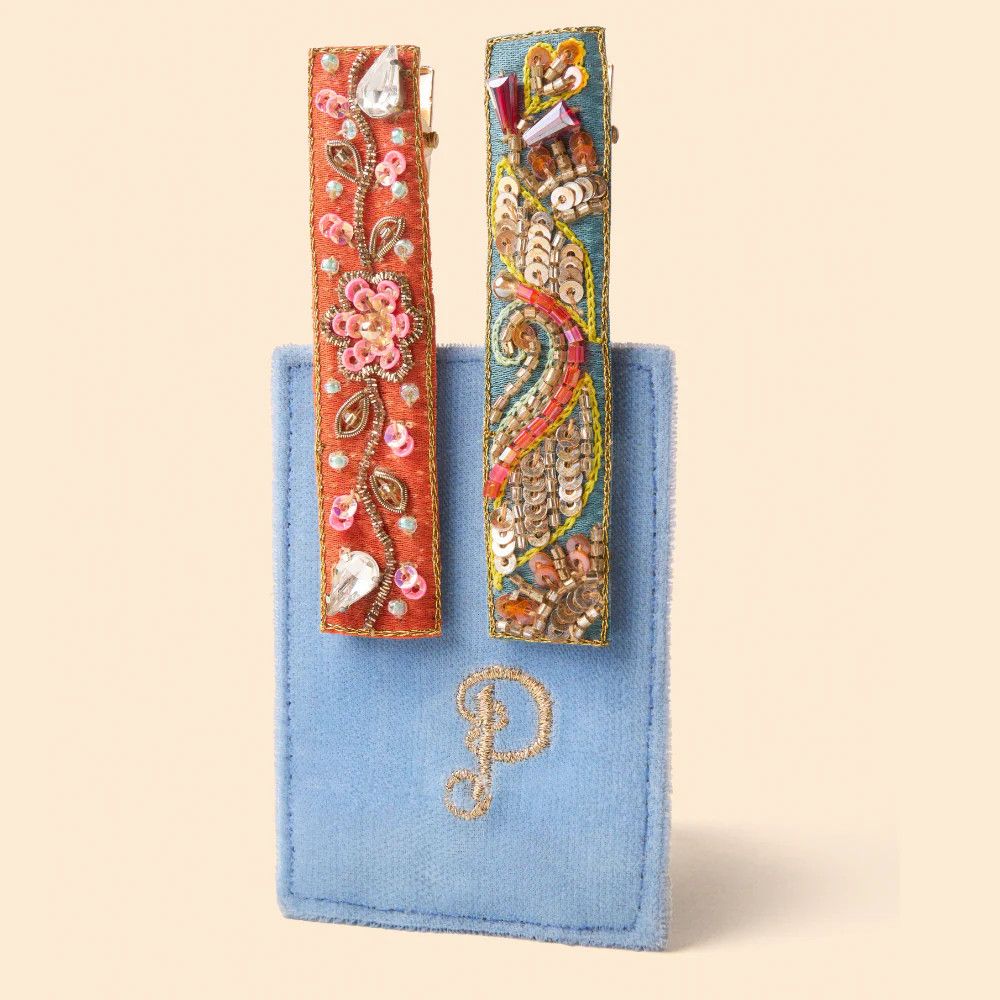 Jewelled Hair Bar Clips Set of 2 Tangerine Floral Vines/ Teal Festival