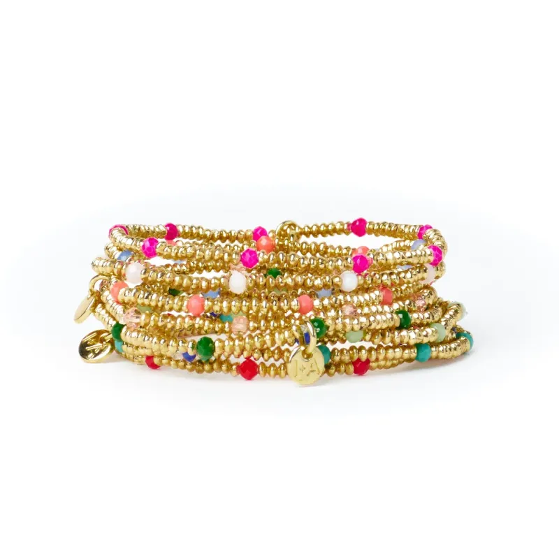 Ashley Small Brass Crystal Stretch Bracelet Coral + Gold