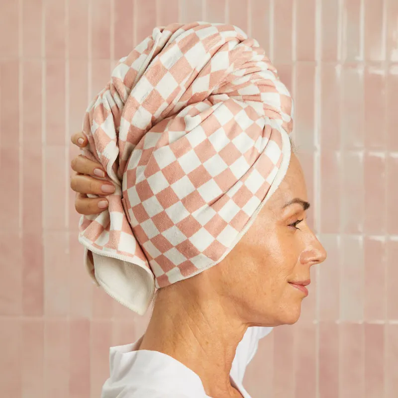 Quick Dry Hair Towel Terracotta Checker Extra Large