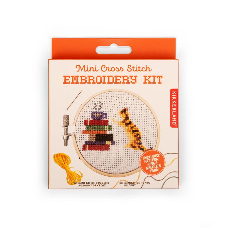 Mini Cross Stitch Embroidery Kit Cat and Books
