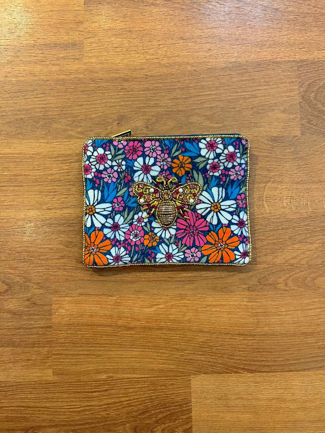 Small Beaded Velvet Pouch Floral Print Bee