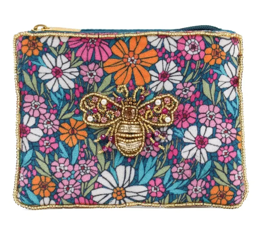 Small Beaded Velvet Pouch Floral Print Bee