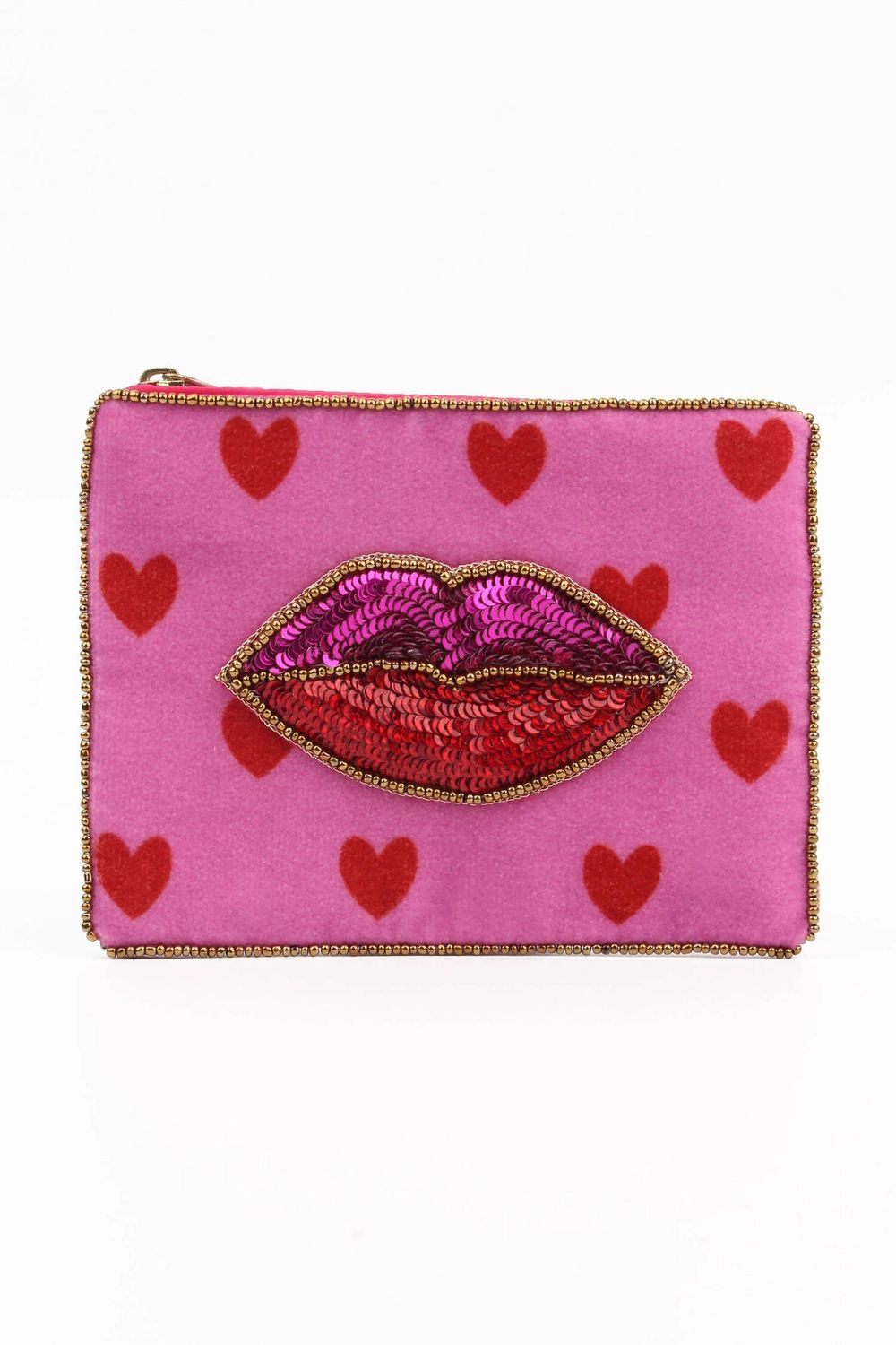 Small Beaded Velvet Pouch Lips On Heart Print