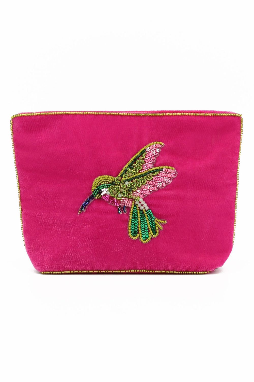 Medium Beaded Velvet Pouch Pink Hummingbird